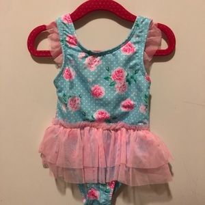 Teal with pink rose/flamingo print swimsuit